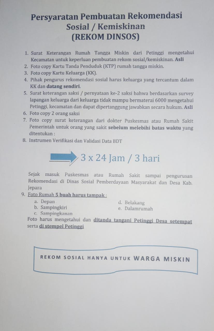 SYARAT MEMBUAT REKOM DINSOS KABUPATEN JEPARA